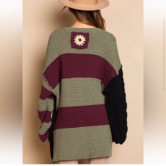 POL Color Block Floral Striped Waist Tie Loop Cardigan, medium oversized - Picture 4 of 12